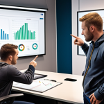 **A coach giving constructive feedback to a team member in a modern office setting. The coach is pointing to a data chart displayed on a screen, while maintaining eye contact and a supportive posture. The team member is actively listening and taking notes.**