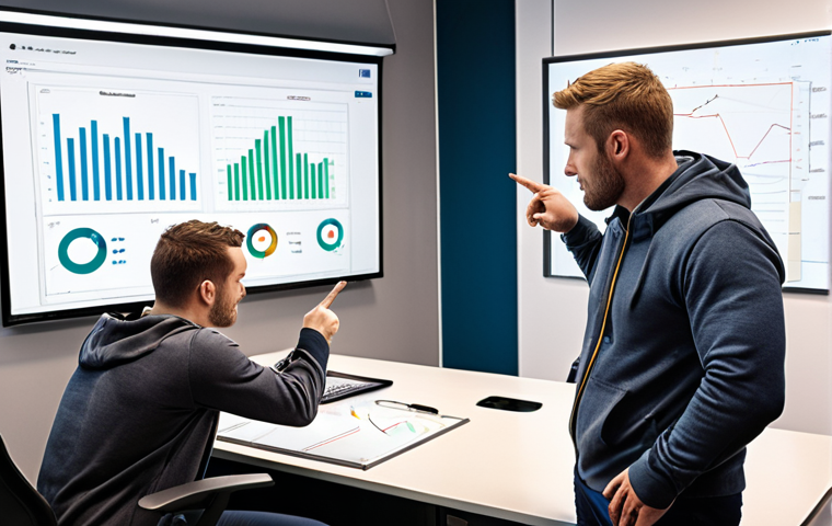 **A coach giving constructive feedback to a team member in a modern office setting. The coach is pointing to a data chart displayed on a screen, while maintaining eye contact and a supportive posture. The team member is actively listening and taking notes.**