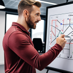 A supportive coach guiding a team member through a personalized growth roadmap, emphasizing their strengths and career goals, in a modern office setting.