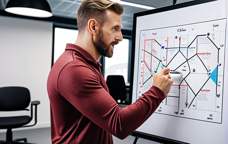 A supportive coach guiding a team member through a personalized growth roadmap, emphasizing their strengths and career goals, in a modern office setting.